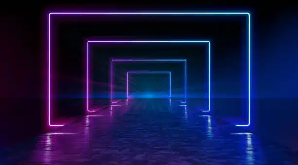 Neon corridor stretching to the horizon, clear night sky without clouds, reflection of light on the wet surface of the road. The road to the horizon. Futuristic portals. Vector. EPS 10