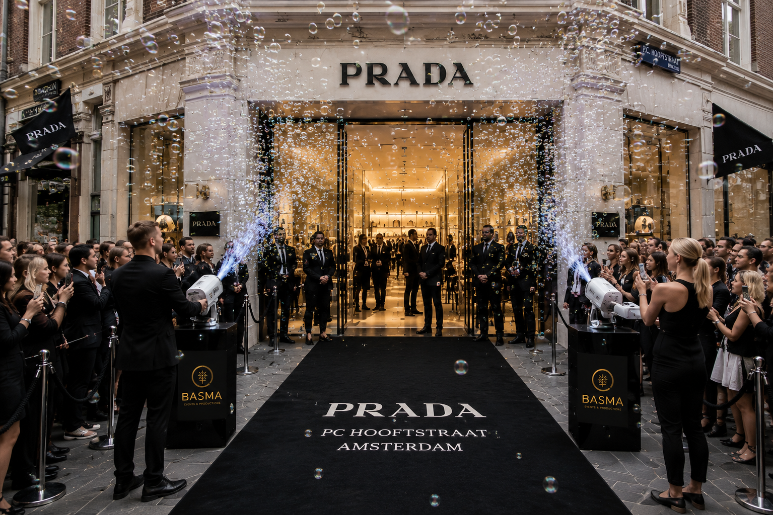 Luxe bellenblaas show tijdens de opening van een Prada winkel op de PC Hooftstraat in Amsterdam met publiek.