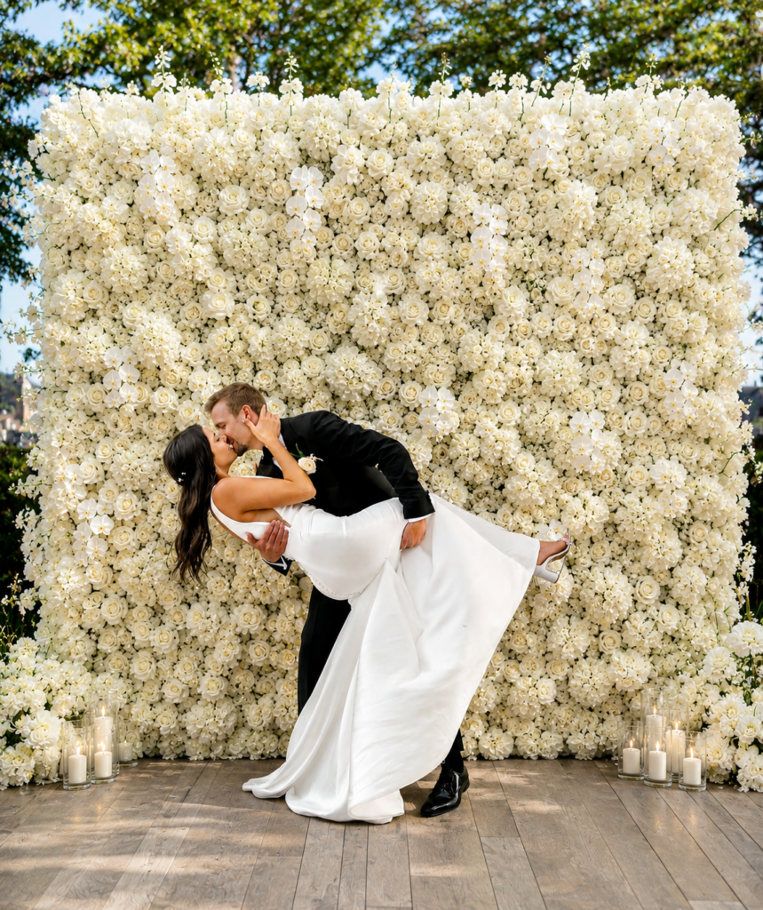 Witte bloemenmuur als decoratie