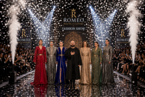 Spectaculaire confetti show tijdens een modeshow van Romeo Haute Culture met modellen, publiek en luxe special effects op de catwalk.