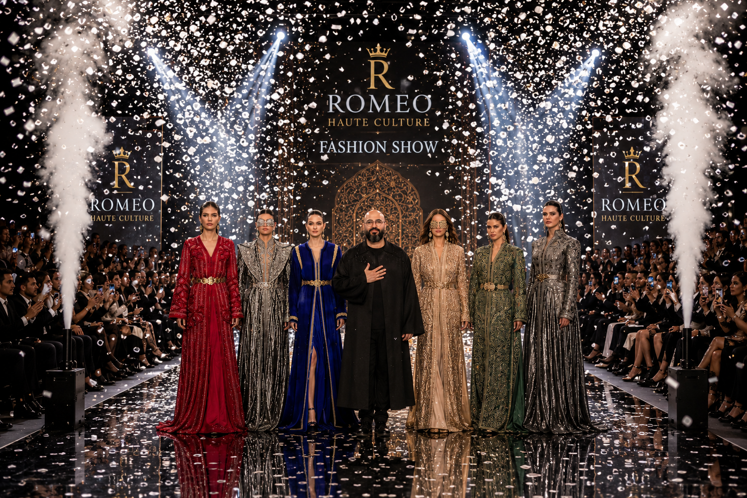 Spectaculaire confetti show tijdens een modeshow van Romeo Haute Culture met modellen, publiek en luxe special effects op de catwalk.
