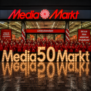 Juichend personeel voor MediaMarkt Leidschendam met grote LED letters en cijfers tijdens de opening van de vijftigste winkel.