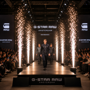 Modellen lopen over een catwalk met vuurwerkfonteinen tijdens een luxe modeshow en exclusief fashion evenement.