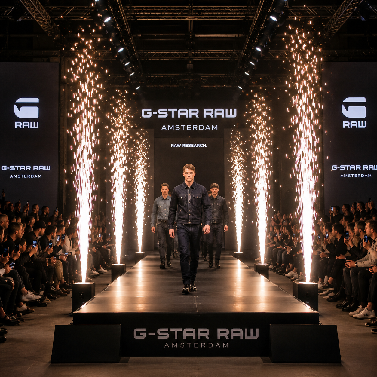 Modellen lopen over een catwalk met vuurwerkfonteinen tijdens een luxe modeshow en exclusief fashion evenement.