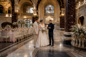 Begeleiding Weddingplanner begeleidt een bruidspaar tijdens de voorbereiding van hun bruiloft op een luxe trouwlocatie.