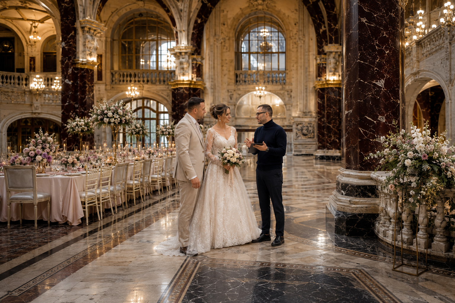 Begeleiding Weddingplanner begeleidt een bruidspaar tijdens de voorbereiding van hun bruiloft op een luxe trouwlocatie.