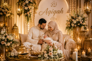 Ouders met hun pasgeboren baby tijdens een stijlvolle aqiqahviering met luxe decoratie, bloemen en islamitische sfeer