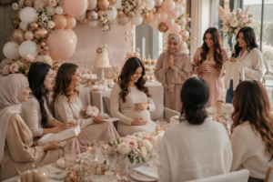 Stijlvolle babyshower met aanstaande moeder, decoratie en familie