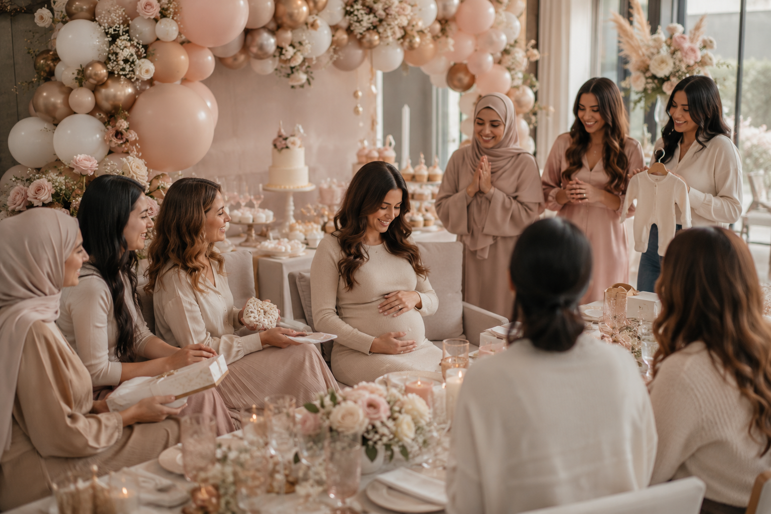 Stijlvolle babyshower met aanstaande moeder, decoratie en familie