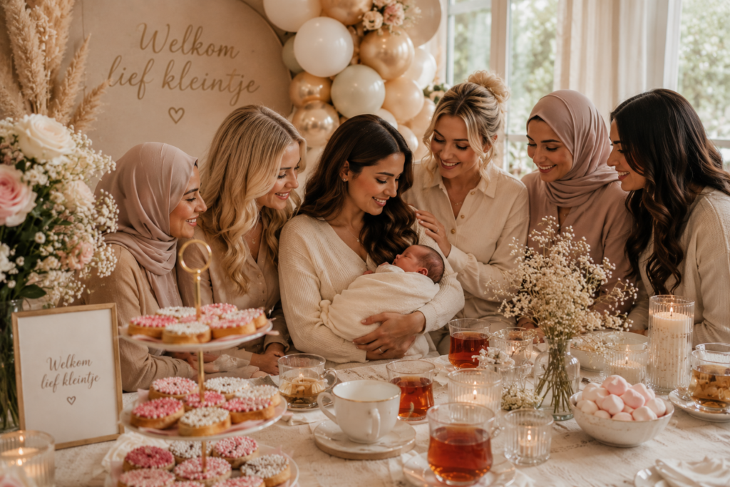 Familie viert kraamfeest met pasgeboren baby en beschuit met muisjes