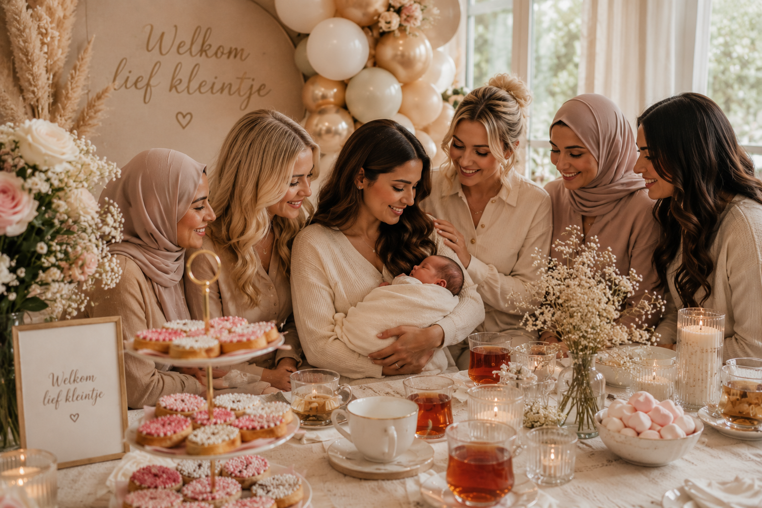Familie viert kraamfeest met pasgeboren baby en beschuit met muisjes